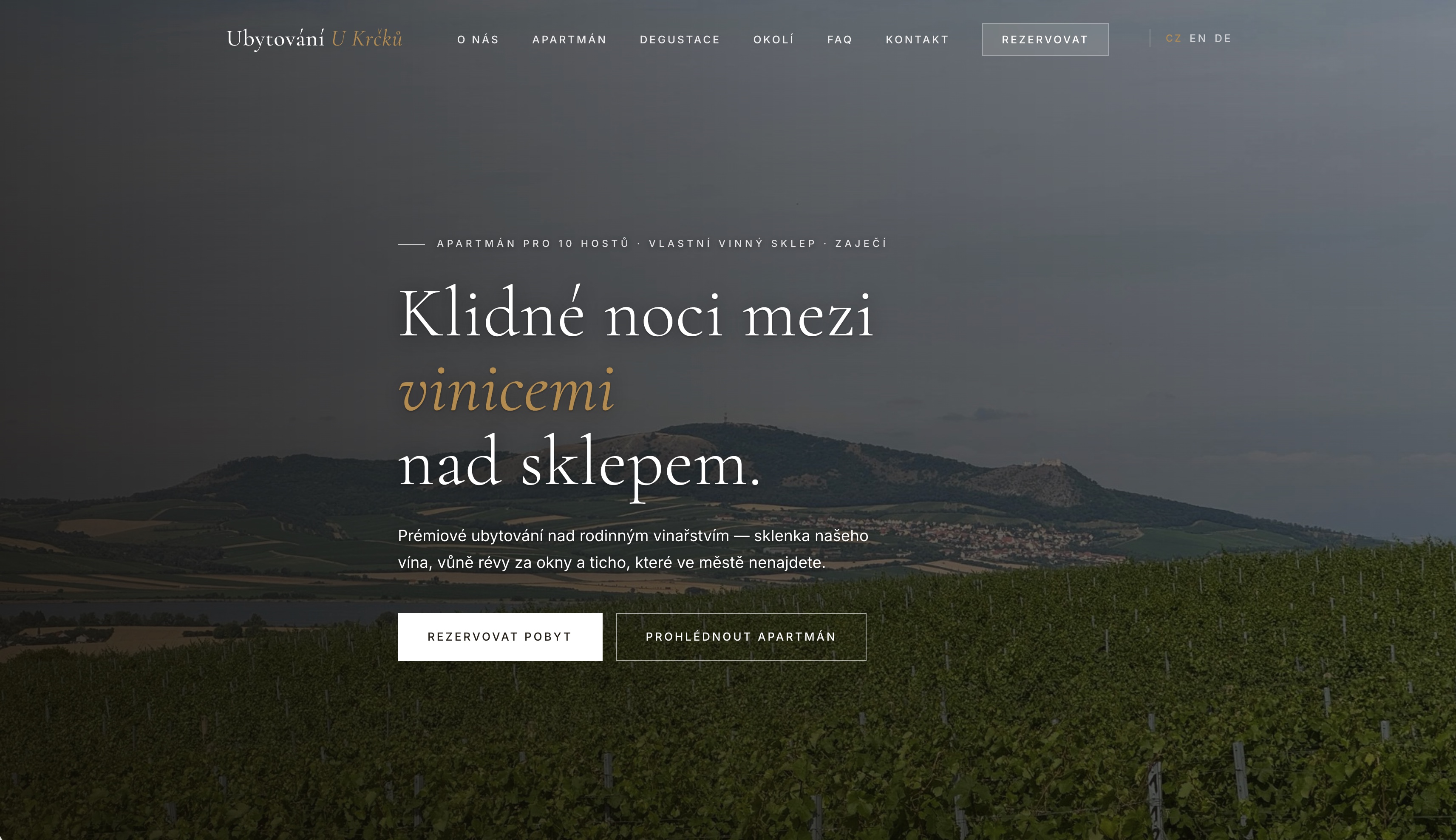 ubytovaniukrcku.cz website — apartment & wine cellar, Zaječí. Booking system and custom site.